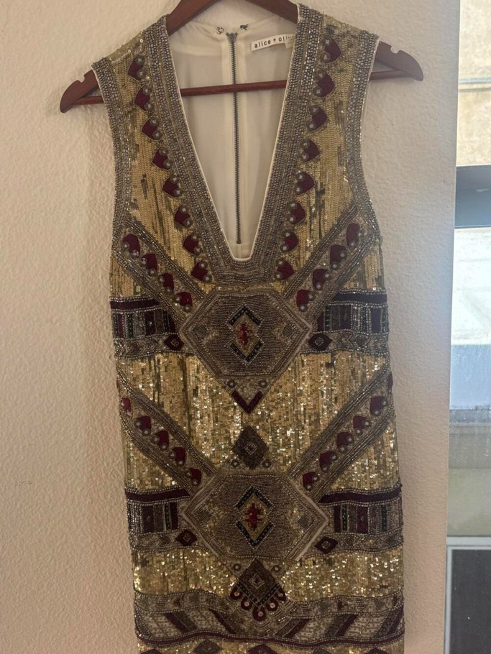Alice + Olivia gold sequin dress with geometric beaded design in black and red